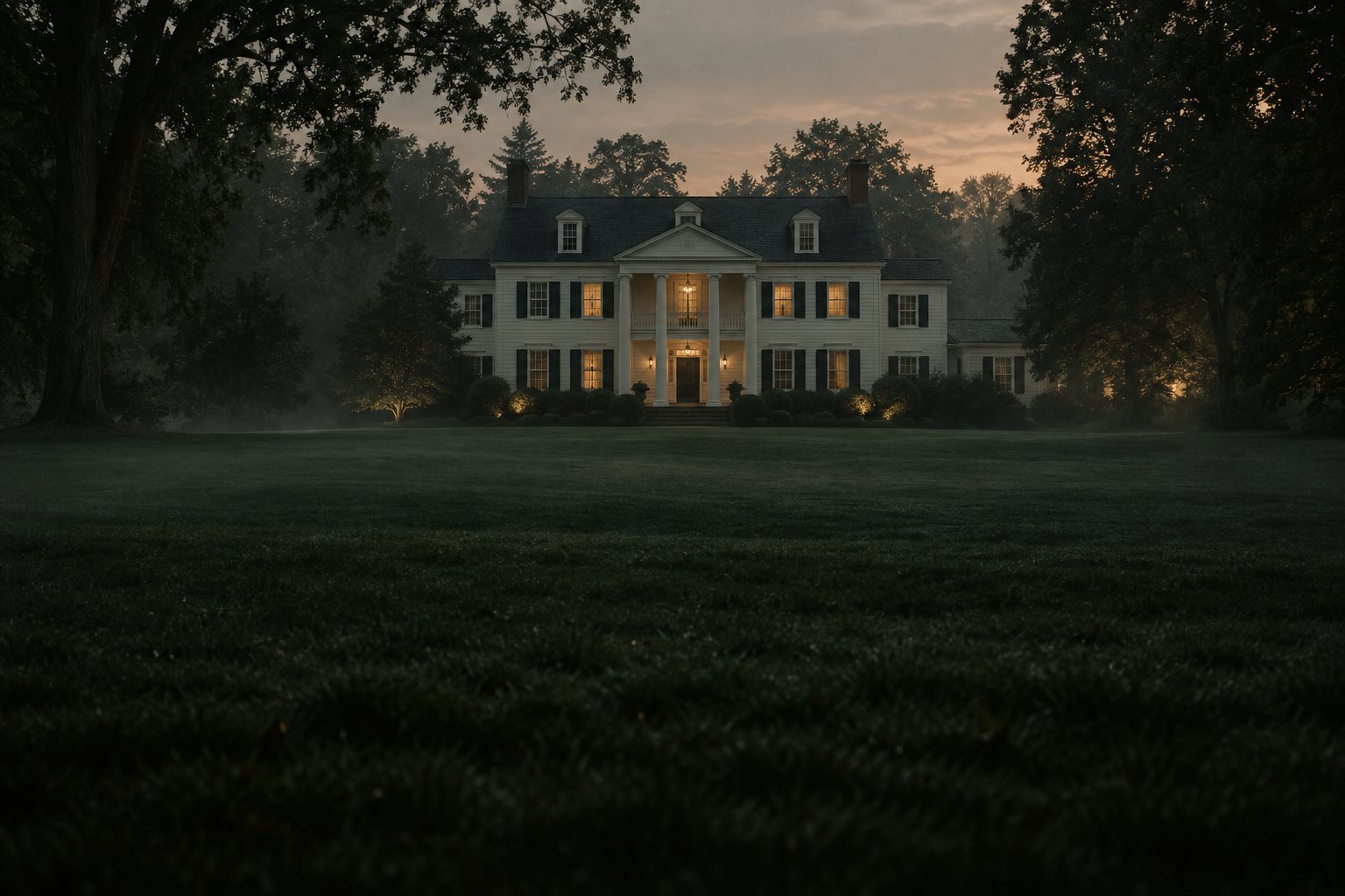 An original illustration of a secluded white country estate at dusk